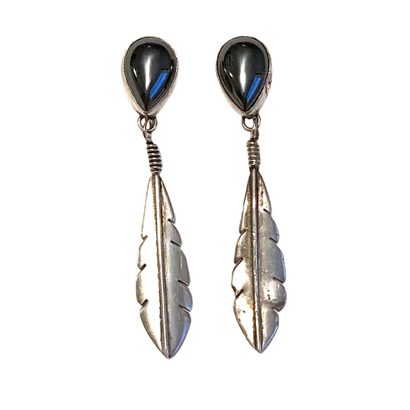 Native American Hematite Sterling Silver Feather Earrings 925 - Picture 1 of 5